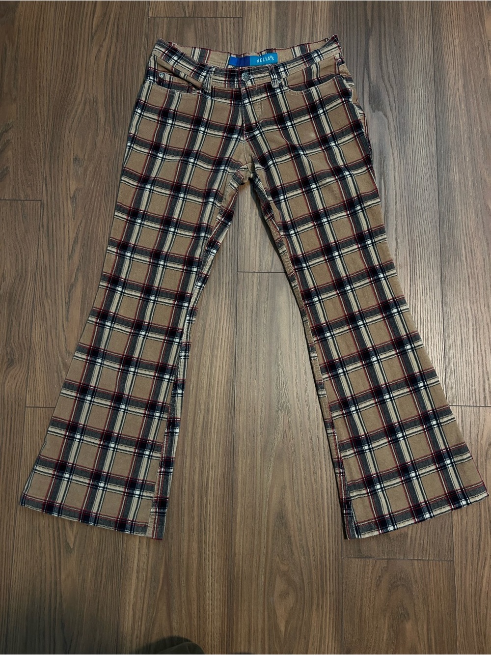 dELiA*s VTG Plaid Corduroy Flare Pants in Camel, Black & Red